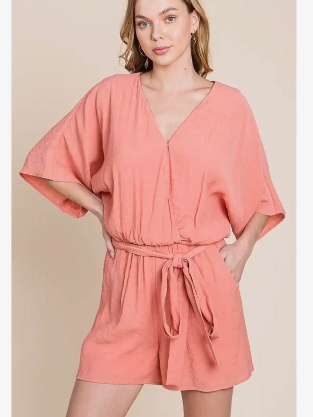 Women's Coral V-Neck Short Sleeve Romper
